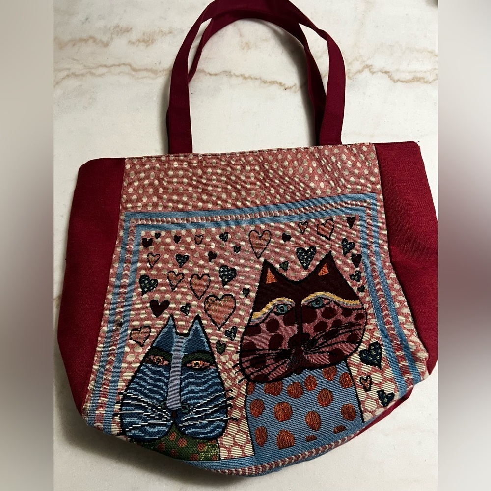 Printed Canvas Two Cats Hearts Tote Bag Large Shopping Bag Gift